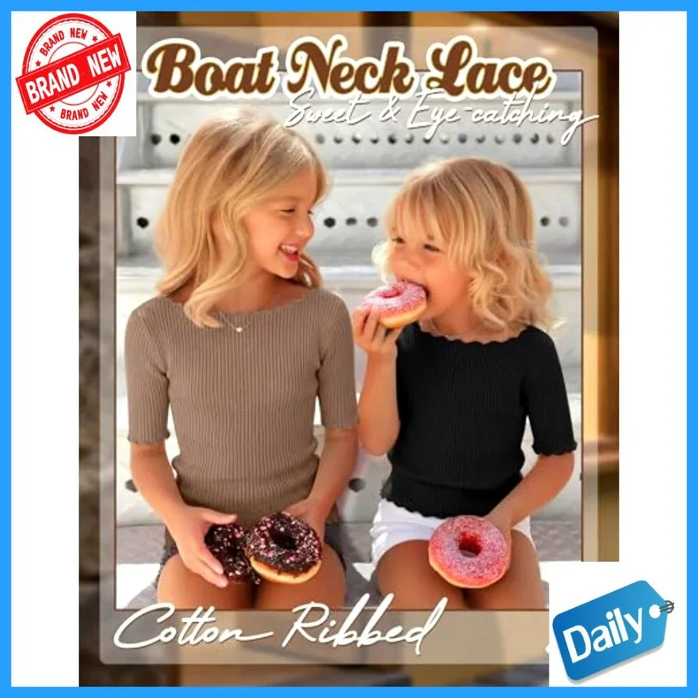Girls Ribbed Half Sleeve Tees 3-Pack Boat Neck Lettuce Trim Tops Ages 5-16